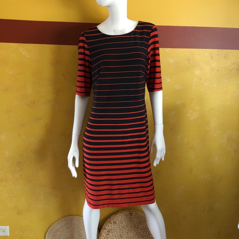 Connected Apparel Striped Black and Red Midi Dress